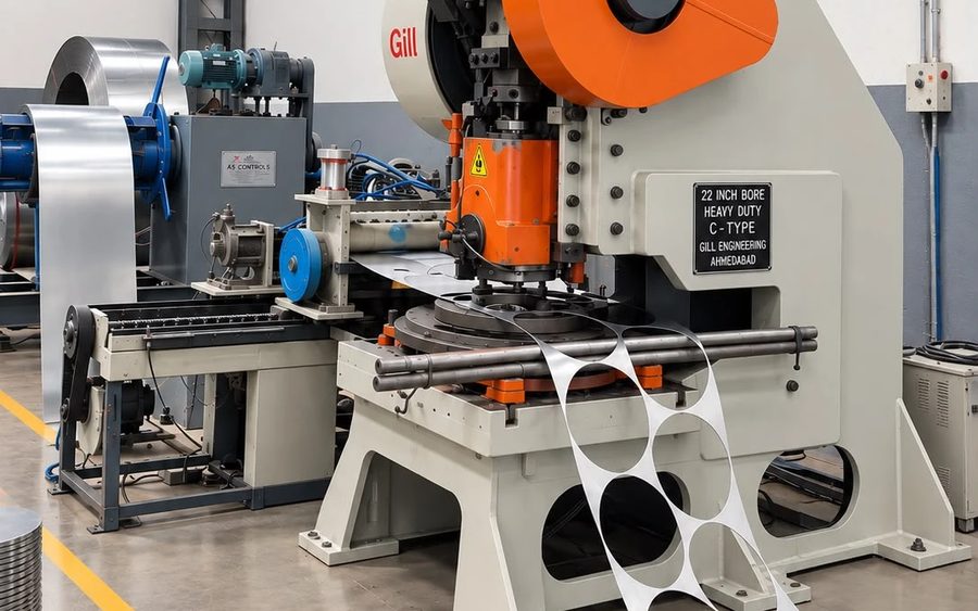 Coil cutting line: decoiler feeding strip into the press
