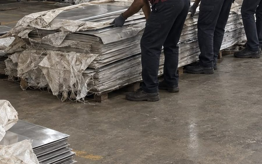 Bundles of stainless steel strip on the shop floor