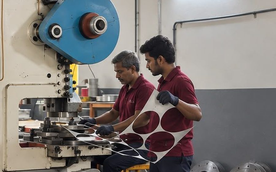 Operators inspecting a blanked sheet at the power press