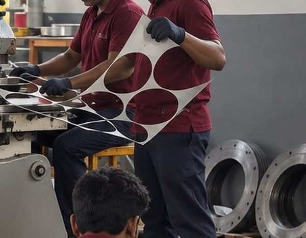 Operator holding a blanked sheet at the press