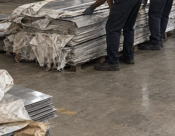 Bundled stainless steel sheets on the shop floor